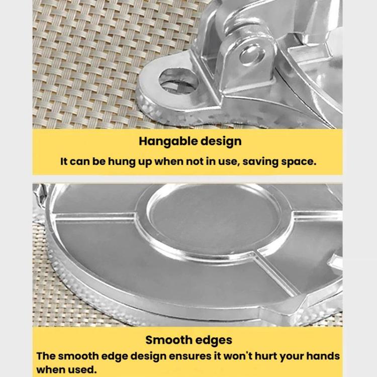 Silver dough press mold with hangable hook, smooth edges, and circular die plate