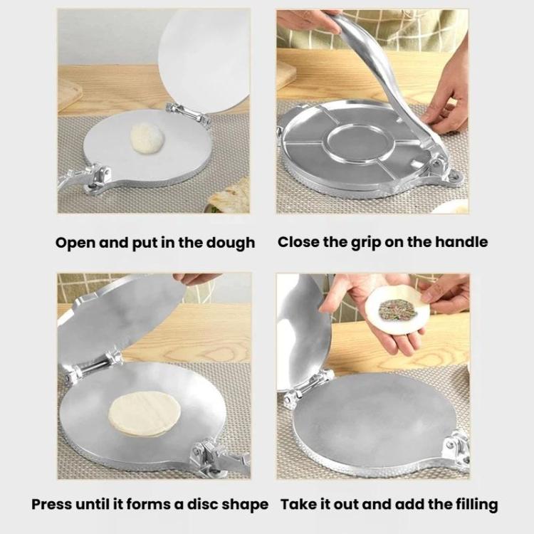 Round dumpling wrapper press with long handle, silver base forming a dough disc