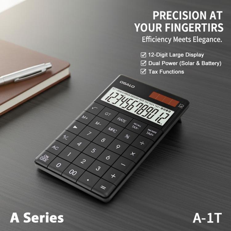 Compact black tax calculator shown at an angle with 12-digit LCD display