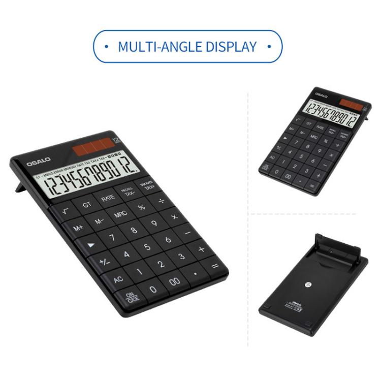 Tax calculator with multi-angle view and flip-up stand, showing 12-digit display