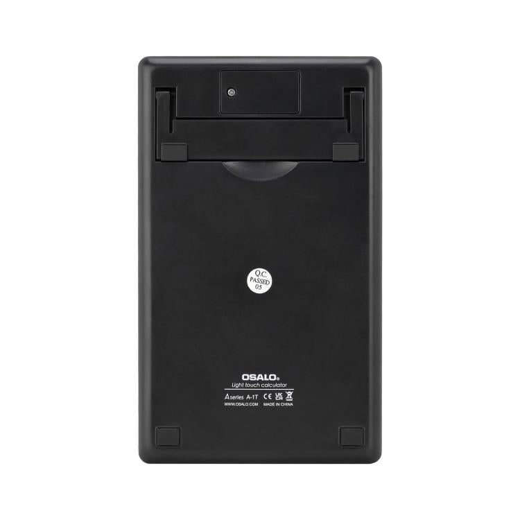 Black back view of the tax calculator with flip-up stand and label