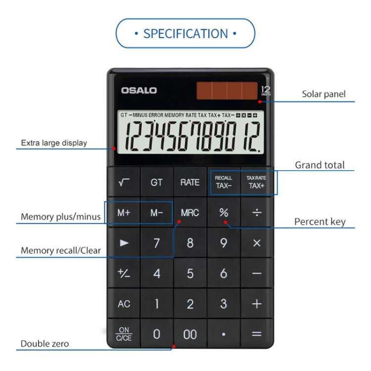 Front view tax calculator with extra-large 12-digit display and function keys