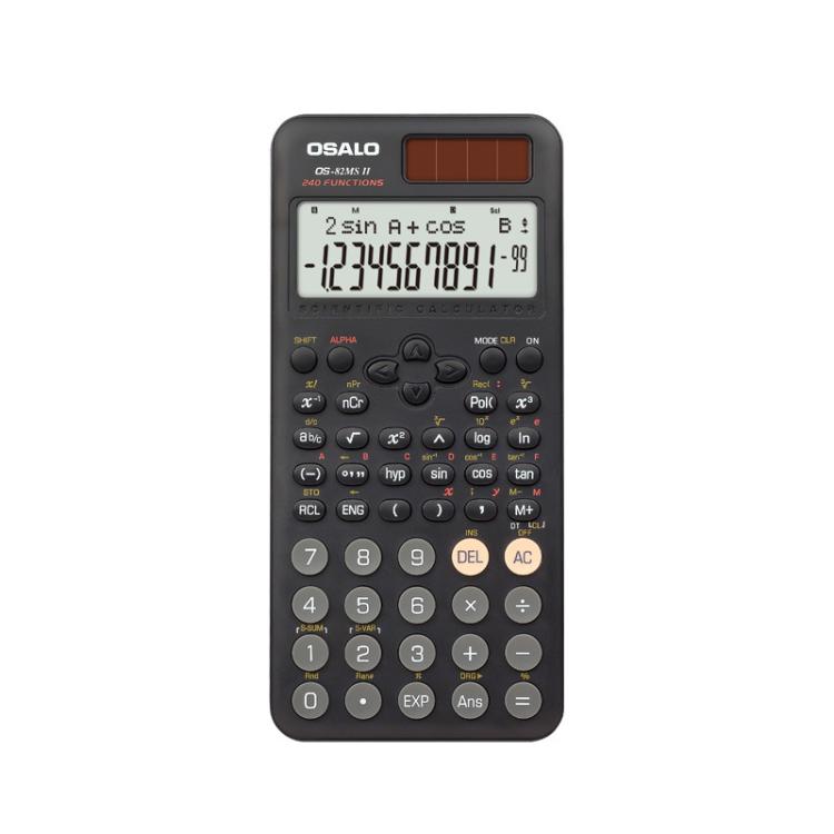 OSALO scientific calculator with dark keypad, LCD screen, and top solar panel window