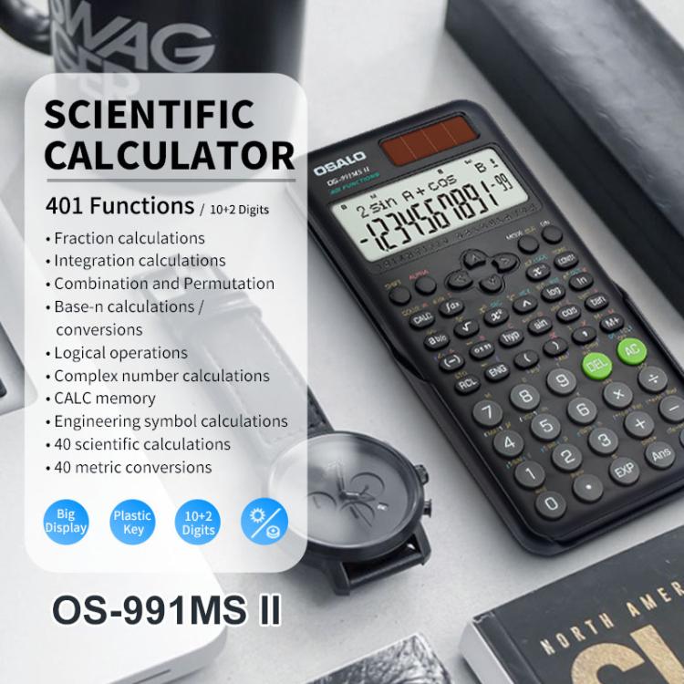 OSALO scientific calculator angled view with LCD screen, dark buttons, and solar panel