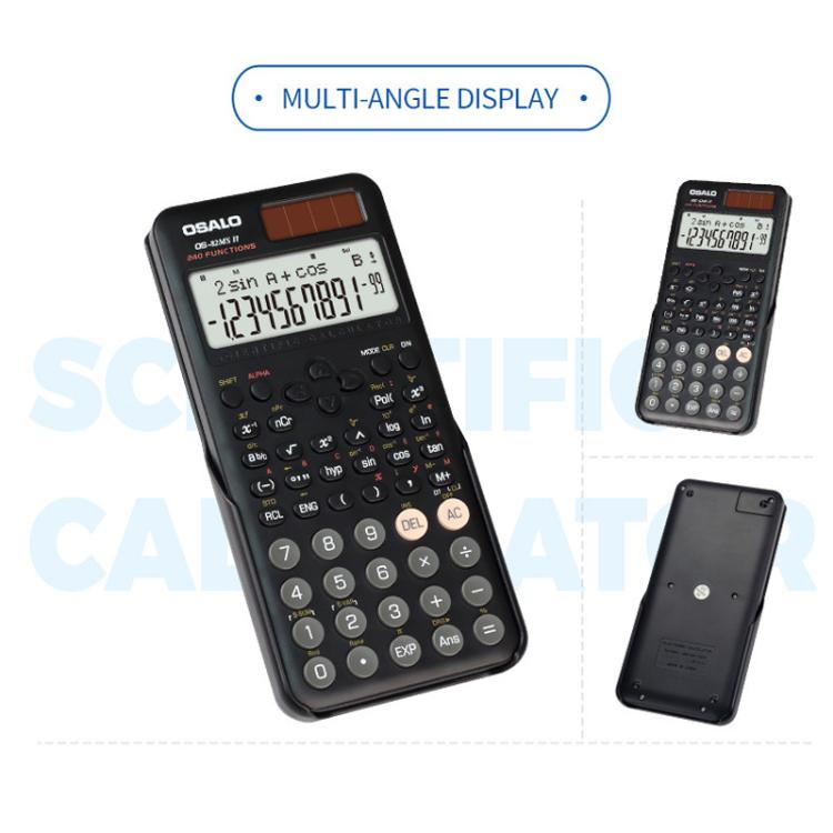 OSALO scientific calculator front and side views with LCD display and dark keypad