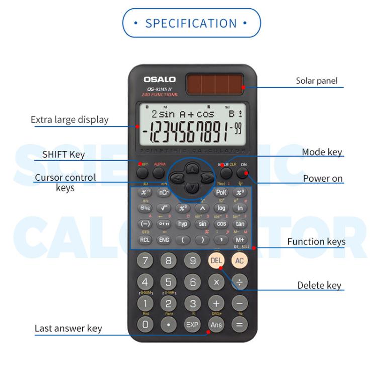 OSALO scientific calculator front view with large LCD, cursor keys, and solar panel