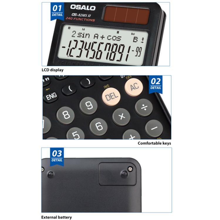 OSALO scientific calculator close-up of LCD screen, comfortable keys, and rear battery cover
