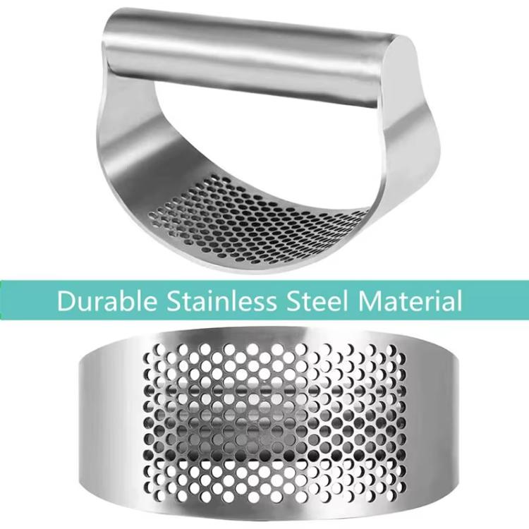 Stainless steel curved garlic press with perforated crushing insert