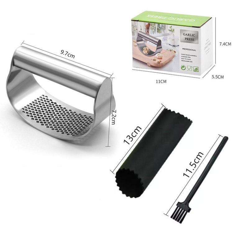 Stainless steel garlic press with included cleaning tools and size diagram