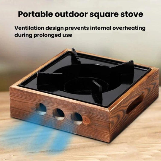 Portable square stove base with black burner tray and metal pot stand inside