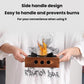 Wood-framed square stove base with three holes and black burner under flame