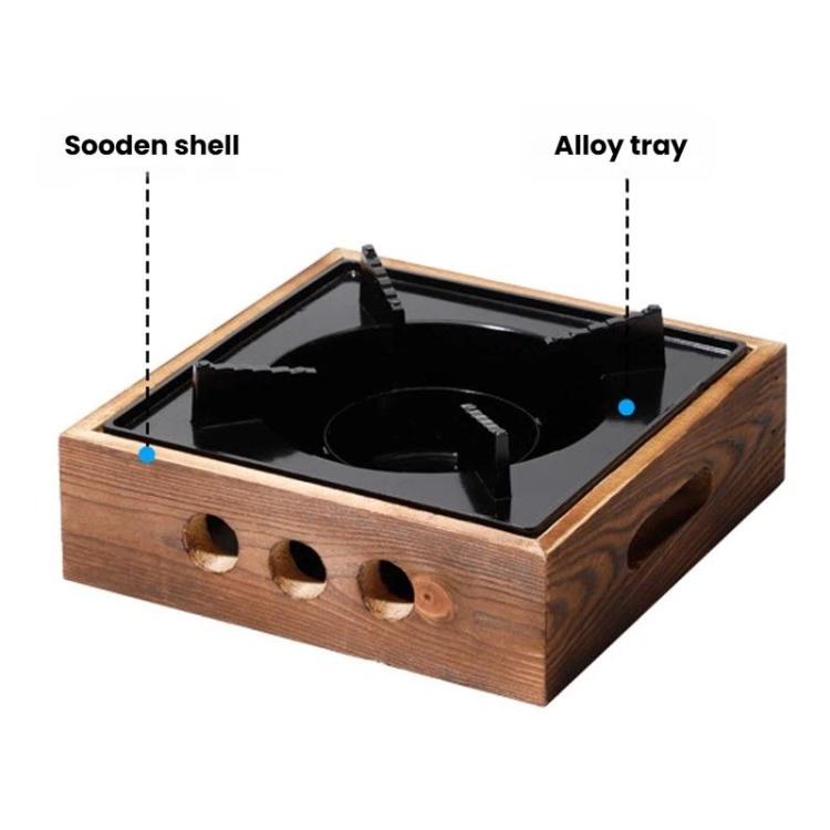 Wood shell square stove base with black burner tray and alloy tray sides