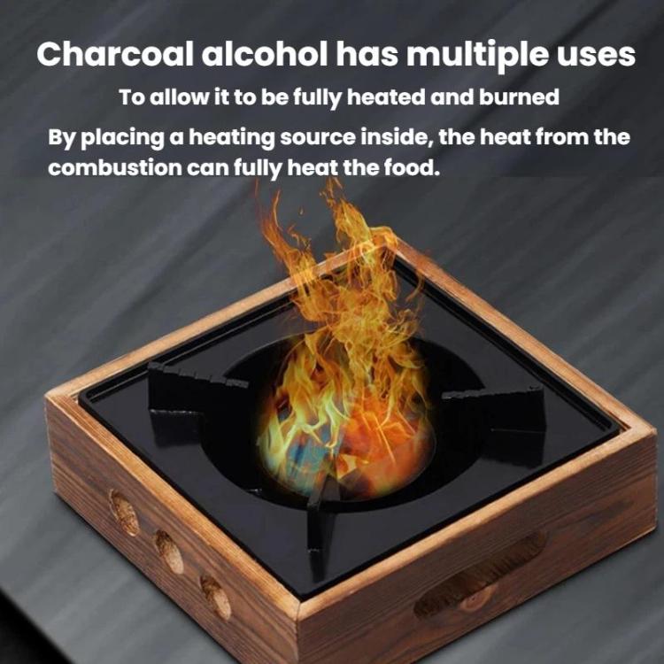 Square wood stove base with black burner and visible open flame