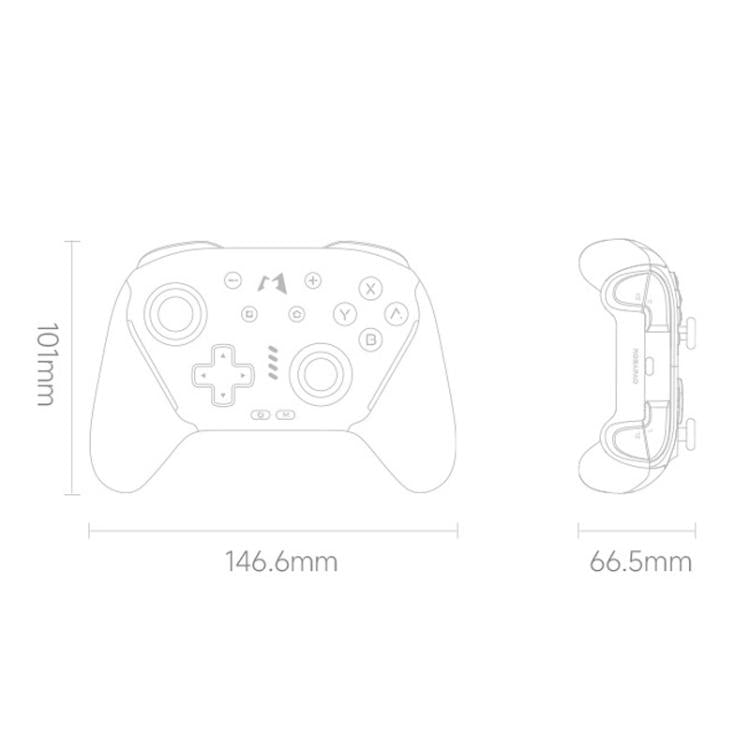Bluetooth wireless game controller outline with button layout and size dimensions
