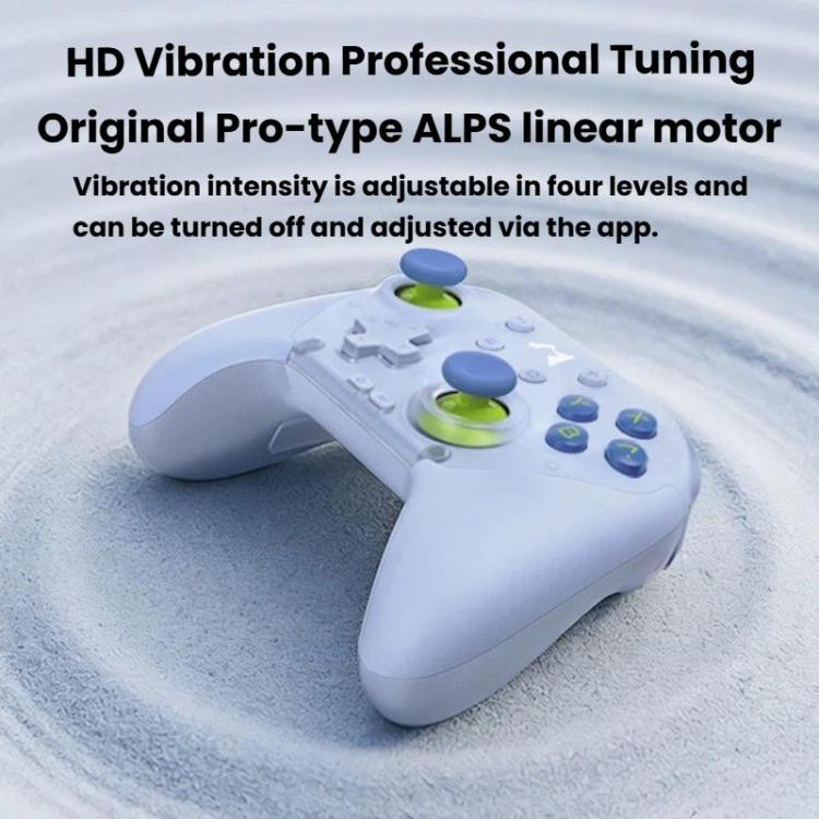 Light blue wireless controller angled view with green thumbsticks and central button cluster