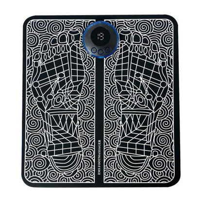 Pulsed foot massage mat with black-and-white patterned surface and round control module