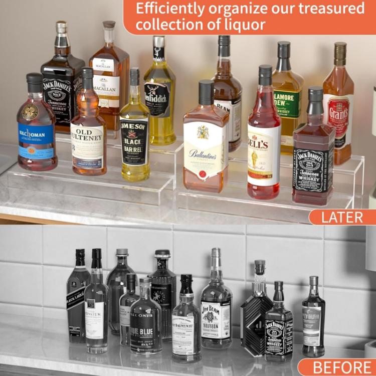 Clear acrylic 2-tier liquor display rack with bottles on both shelves