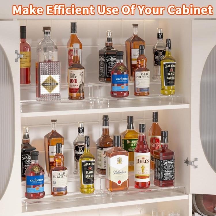 Clear acrylic 2-tier cabinet shelf rack with liquor bottles displayed