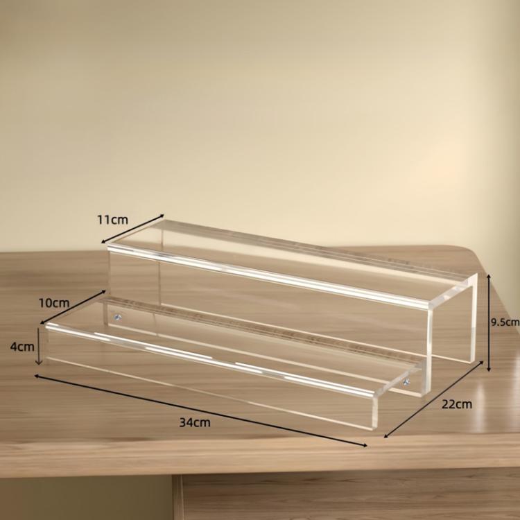 Clear acrylic 2-tier rack with labeled size dimensions