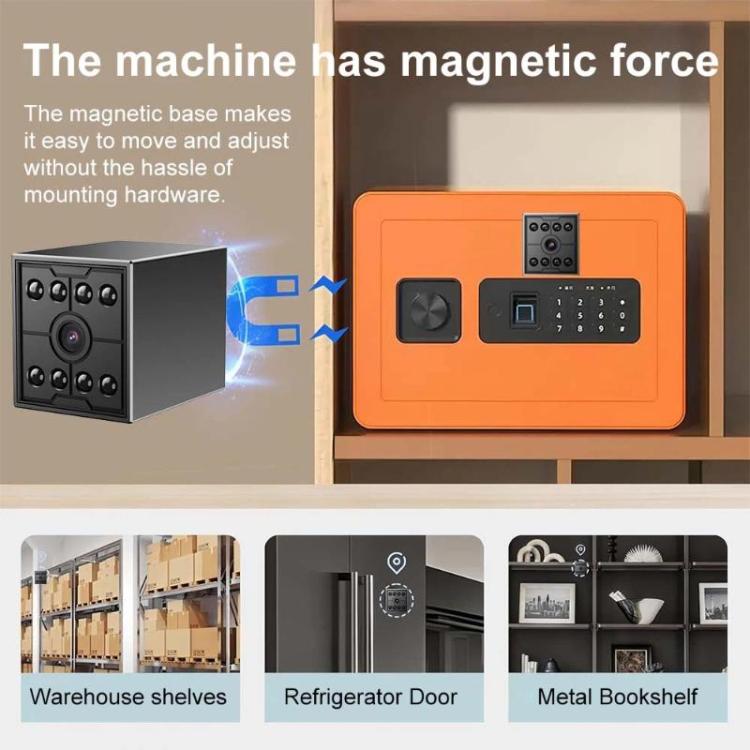 Black mini security camera cube with magnetic mount base, shown with mounting hardware.