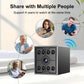 Black mini security camera cube with front lens and IR LEDs, shown with multi-user viewing icons.