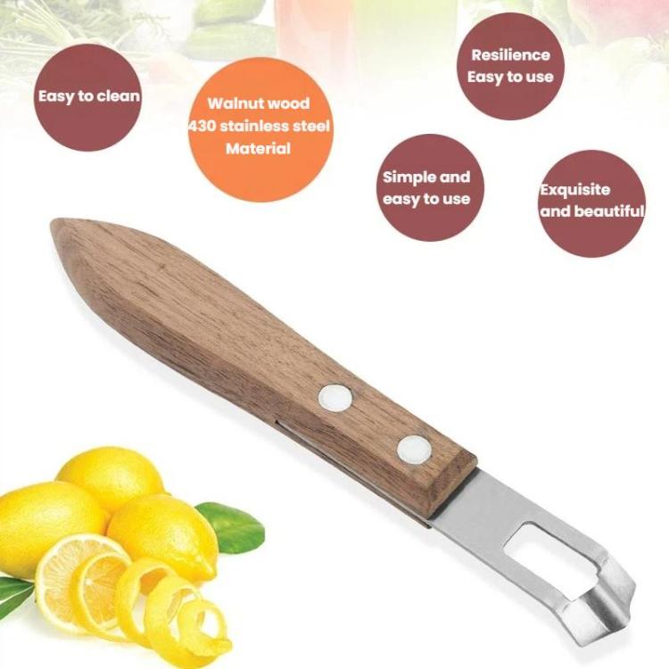 Stainless steel zester and grater tool with walnut handle, curved scraping end