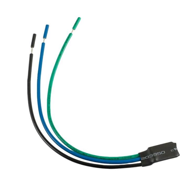 Car video brake bypass module wiring harness with black, blue, and green cables