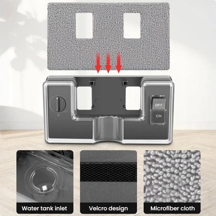 Open gray water tank compartment with microfiber cloth and OFF/ON switch