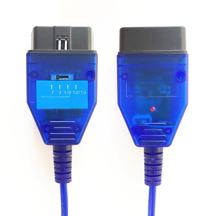 OBD diagnostic interface adapters with blue housing, dual plugs, and red status light