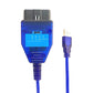 OBD diagnostic adapter cable with blue connector housing, gray plug, and USB Type-A end