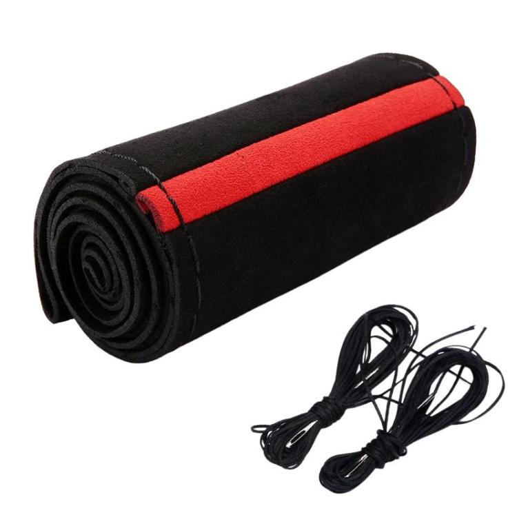 Suede steering wheel cover, black with red center stripe, rolled with black lacing cords