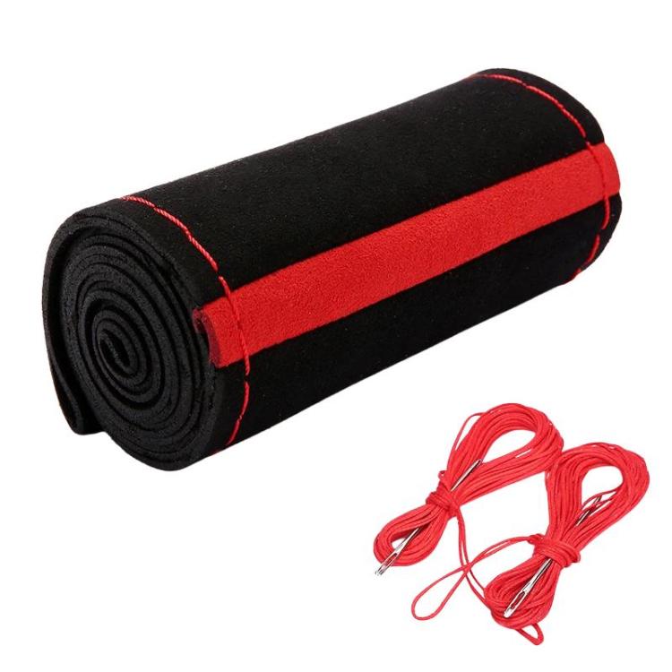 Suede steering wheel cover, black with red horizontal stripe, rolled with black lacing cords