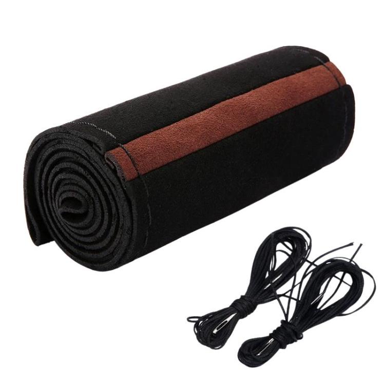 Suede steering wheel cover, black with brown horizontal stripe, rolled with black lacing cords