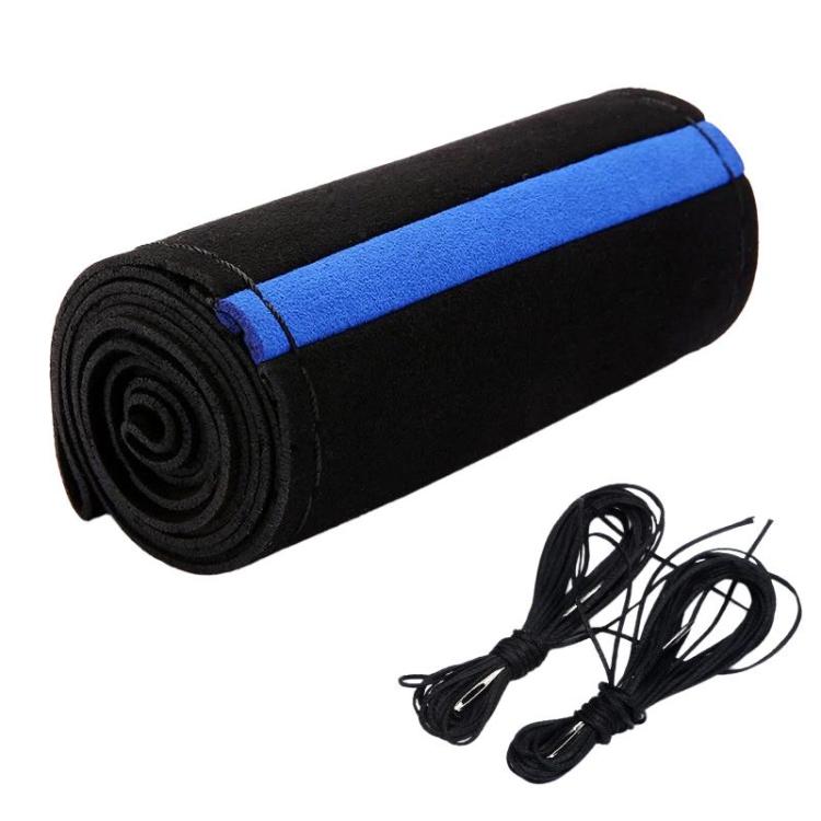Suede steering wheel cover, black with blue center stripe, rolled with black lacing cords