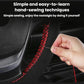 Suede steering wheel cover being hand-sewn, black with red lacing thread