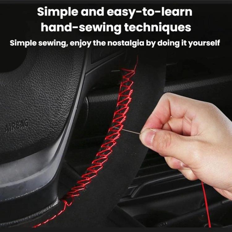 Suede steering wheel cover being hand-sewn, black with red lacing thread