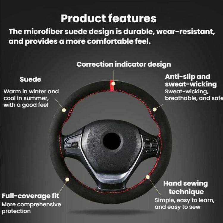 Suede steering wheel cover with red stitched seam on steering wheel, center marker visible