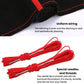 Suede steering wheel cover close-up with red stitching, plus red lacing cords