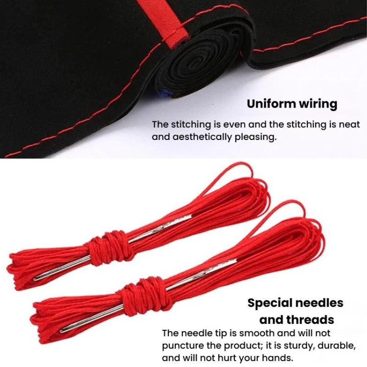 Suede steering wheel cover close-up with red stitching, plus red lacing cords