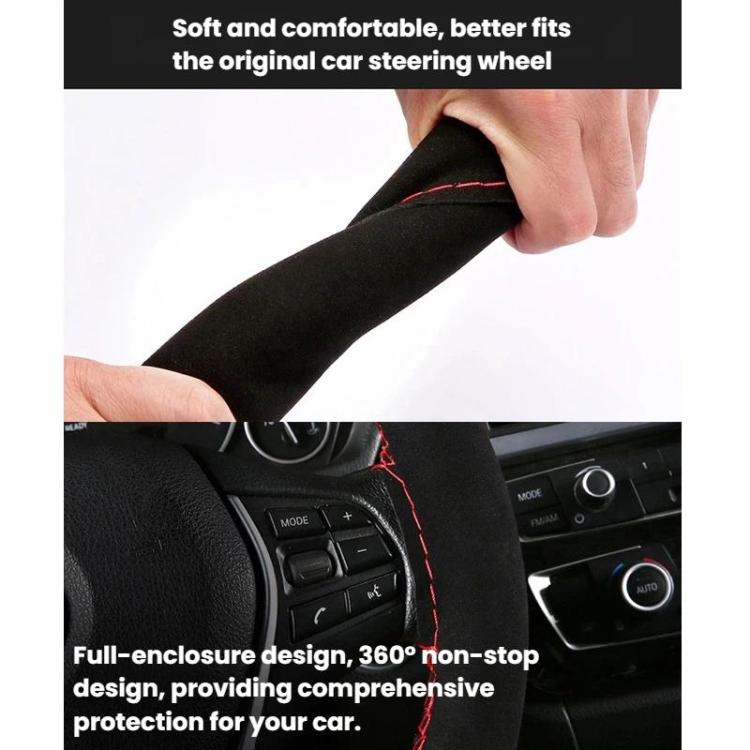 Black suede steering wheel cover with red stitching and center marker, full wrap