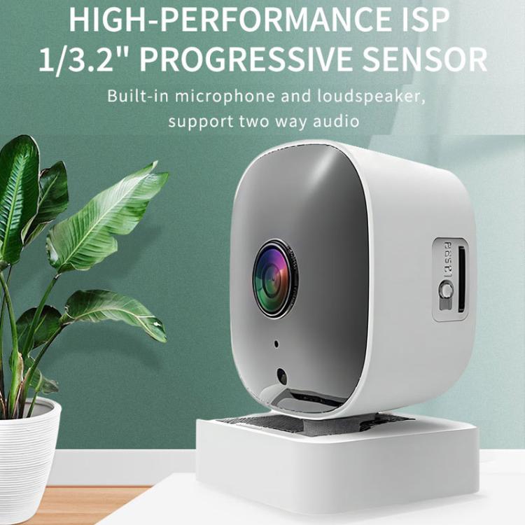 White indoor WiFi camera on base, black front panel and side control port