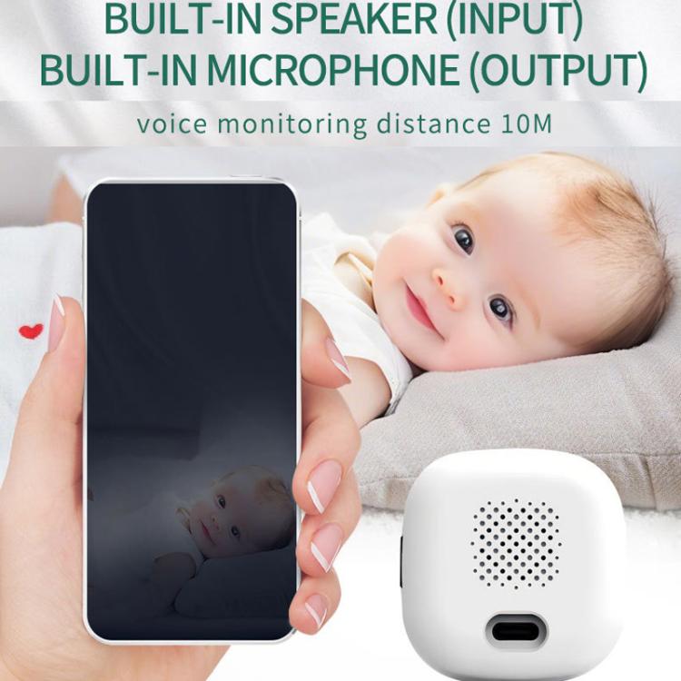 White security camera with built-in speaker and microphone, shown with phone monitoring