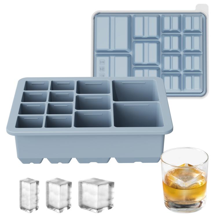 13-Cavity Multi-Sized Square Ice Cube Tray with Lid Food-Grade Silicone Mold for Easy Release Ice Making