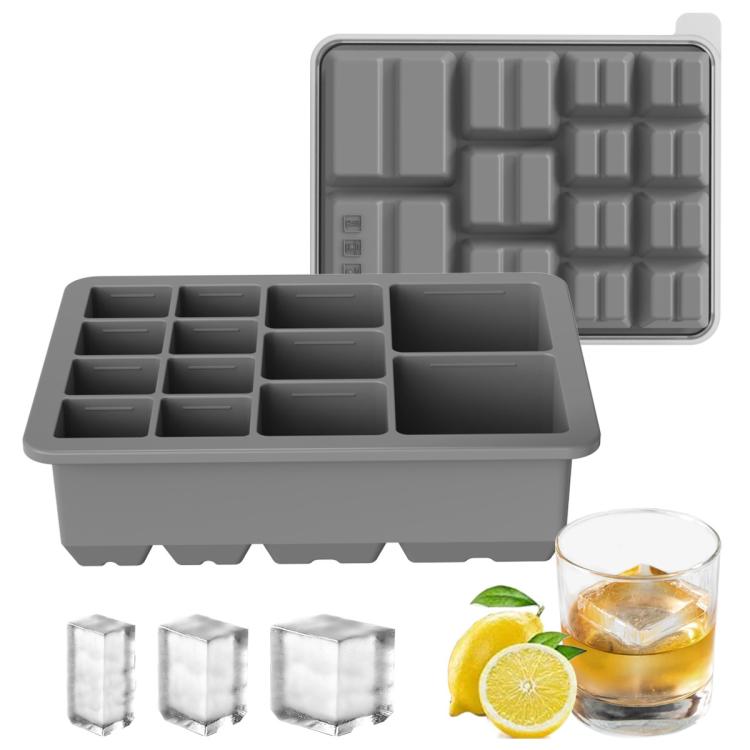 13-Cavity Multi-Sized Square Ice Cube Tray with Lid Food-Grade Silicone Mold for Easy Release Ice Making