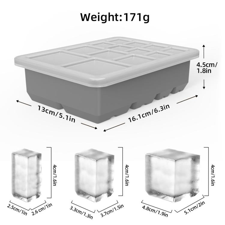 13-Cavity Multi-Sized Square Ice Cube Tray with Lid Food-Grade Silicone Mold for Easy Release Ice Making
