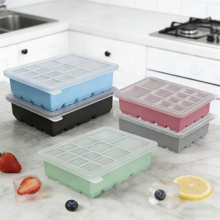 13-Cavity Multi-Sized Square Ice Cube Tray with Lid Food-Grade Silicone Mold for Easy Release Ice Making