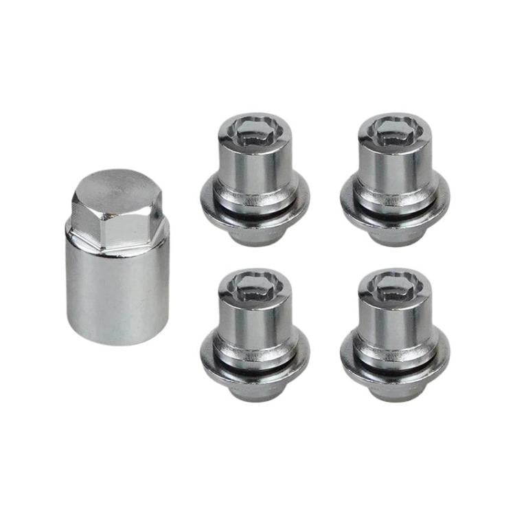 Wheel lock lug nuts set with matching key, silver steel, secure anti-theft design