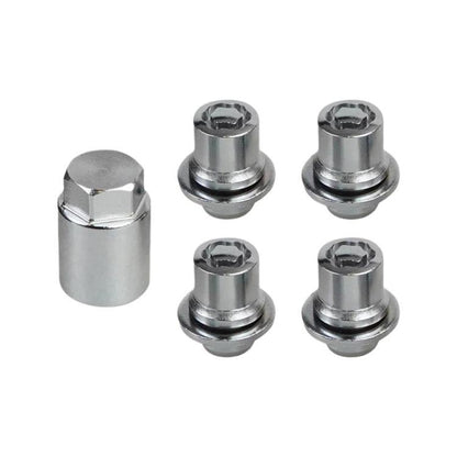 Wheel lock lug nuts set with matching key, silver steel, secure anti-theft design