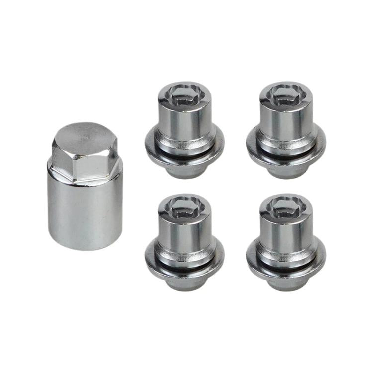 Anti-theft wheel lock lug nuts and key, silver metal set for vehicle wheel security