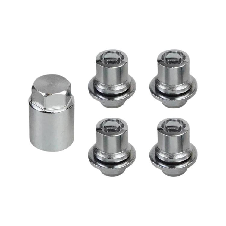 Silver wheel lock lug nuts set with locking key, steel construction for anti-theft